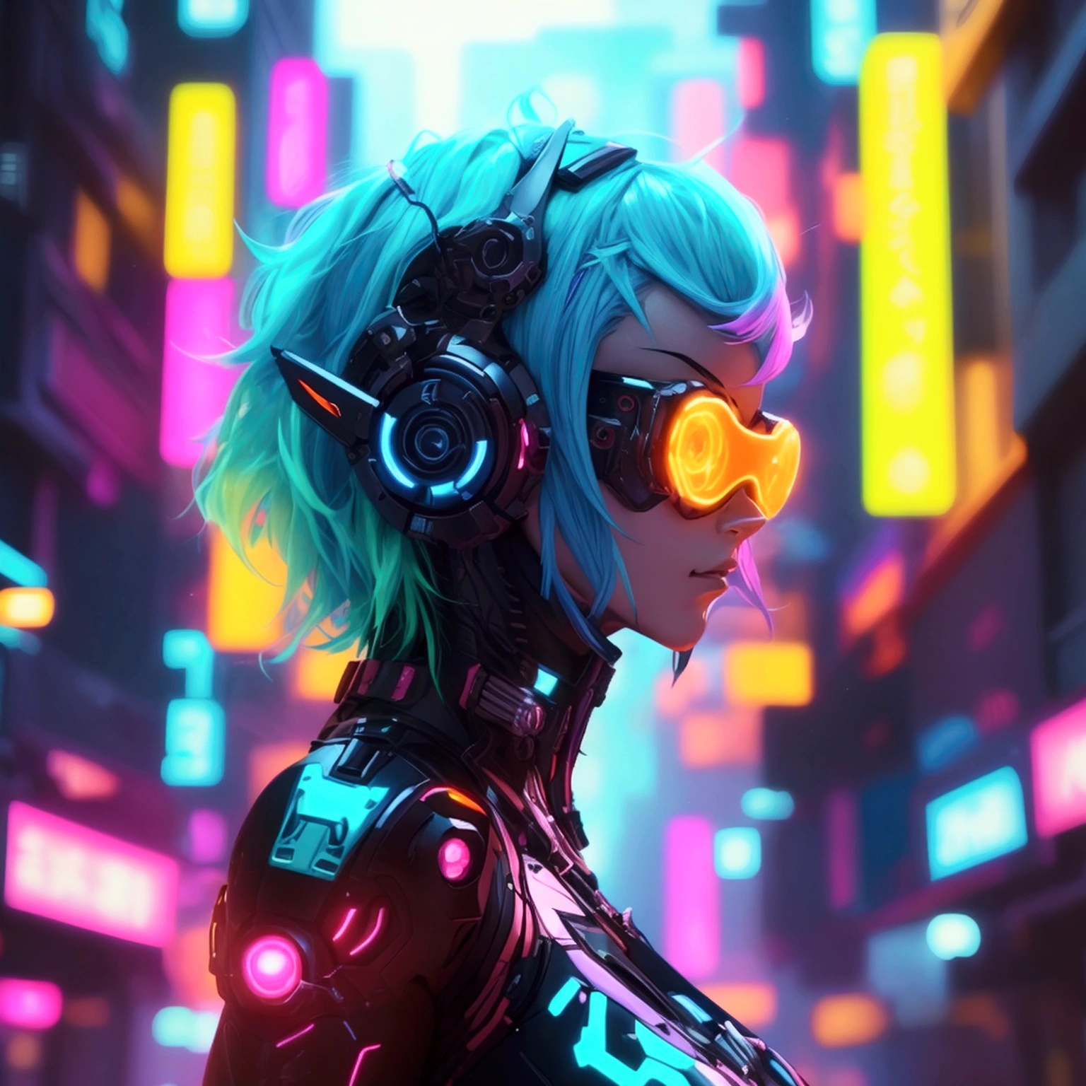 Create a high-quality digital artwork featuring a futuristic anime character. The character should have vibrant, neon-colored hair and attire with glowing tech accessories. Set the scene in a sleek, cyberpunk cityscape with towering skyscrapers and neon lights. Include intricate details and dynamic elements to highlight the character’s unique traits and advanced technology. The overall style should be modern and eye-catching, blending sci-fi aesthetics with anime flair. Ensure the character’s pose is striking and full of energy, reflecting a sense of motion and excitement.