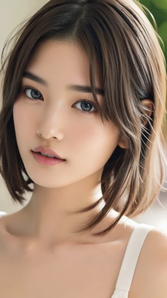 (NSFW), beautiful girl, brown eyes, ((beautiful slim age girl 18 year old, hair color [Brown highlights hair], [undercut pixie] hair)), ((big tits)), lips, realistic, ((skinny body)), charming, pink lipstick, colorful makeup, long eyelashes, wearing eyeliner, fair skin, (cute), (detailed face), detailed eyes, detailed iris, complete naked, complete closed mouth, upper body, 