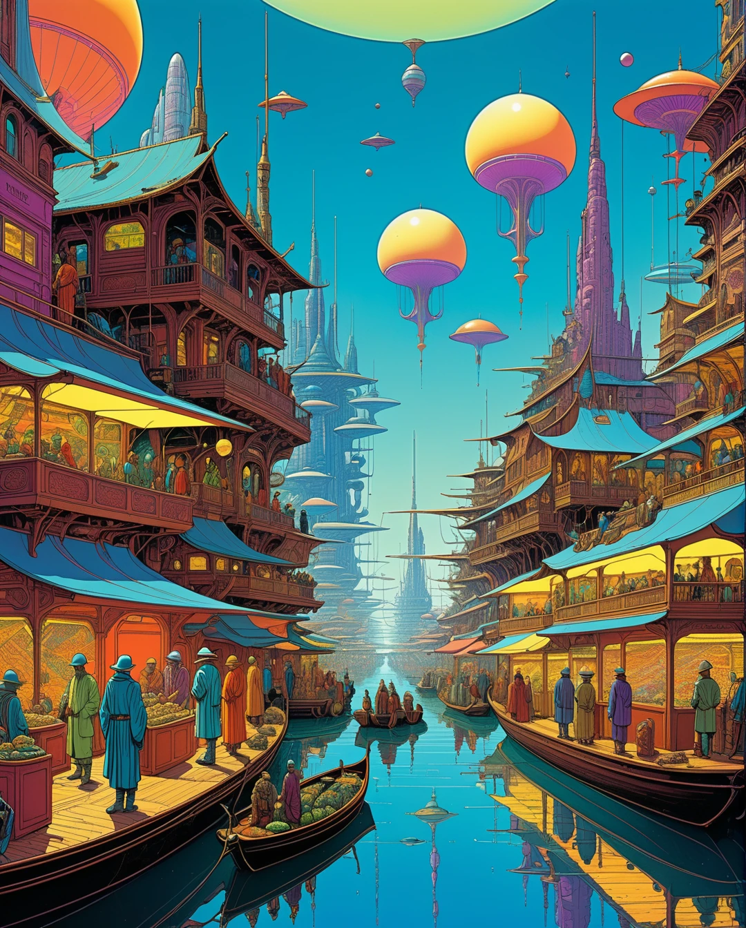 **Moebius (Jean Giraud) Style - A mesmerizing scene by Jean Giraud Moebius, ((masterpiece)), ((best quality)), (highest quality masterpiece), (masterpiece), 
(masterpiece, best quality), in a futuristic setting. An imaginative depiction of a floating market in space, digital art, featuring vivid colors, alien merchants, 
and intricate market stalls. Sleek, modern, ultramodern, high-tech elements with holographic signs. PsyAI, Psychedelic, Visionary art, DMT, and LSD style by Moebius.**