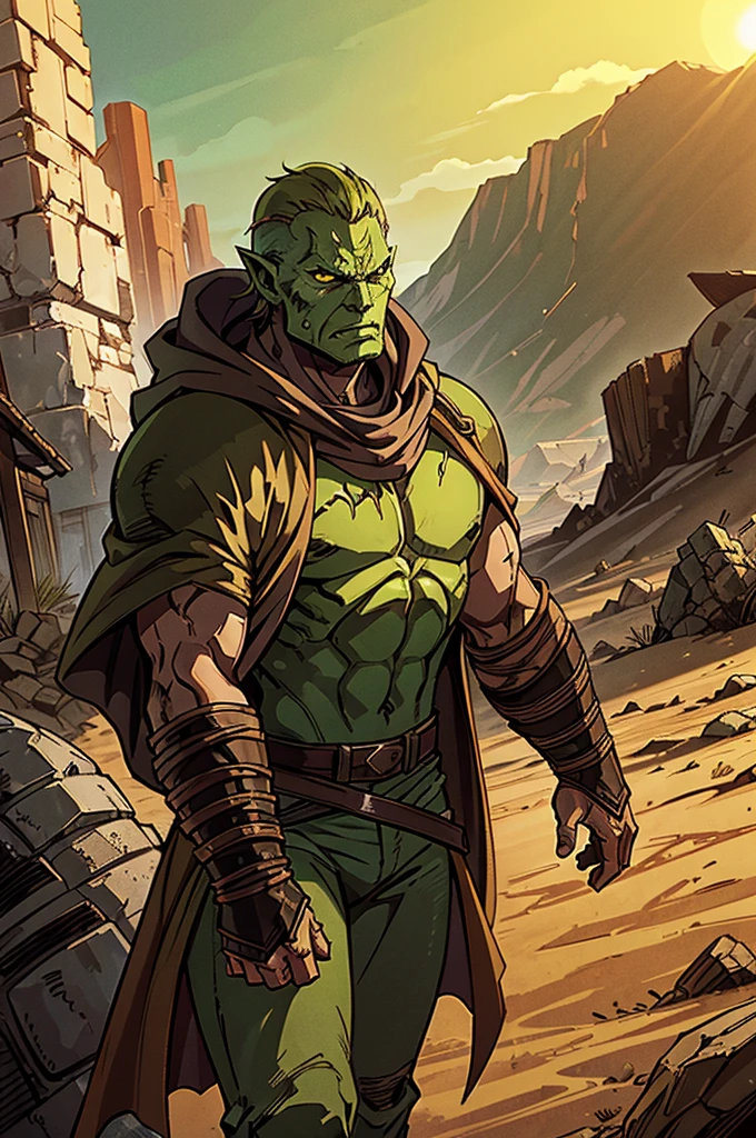 A waist-up shot of a green-skinned orc runner dressed in rugged, desert-colored armor and a patched, hooded mantle. The orc’s face is hidden behind a heavy, reinforced mask designed for the harsh desert environment. The cloak, in worn shades of brown and yellow, blends with the desolate landscape, creating a stark contrast to the orc’s light green skin. The background features a crumbling wall partially buried in sand.