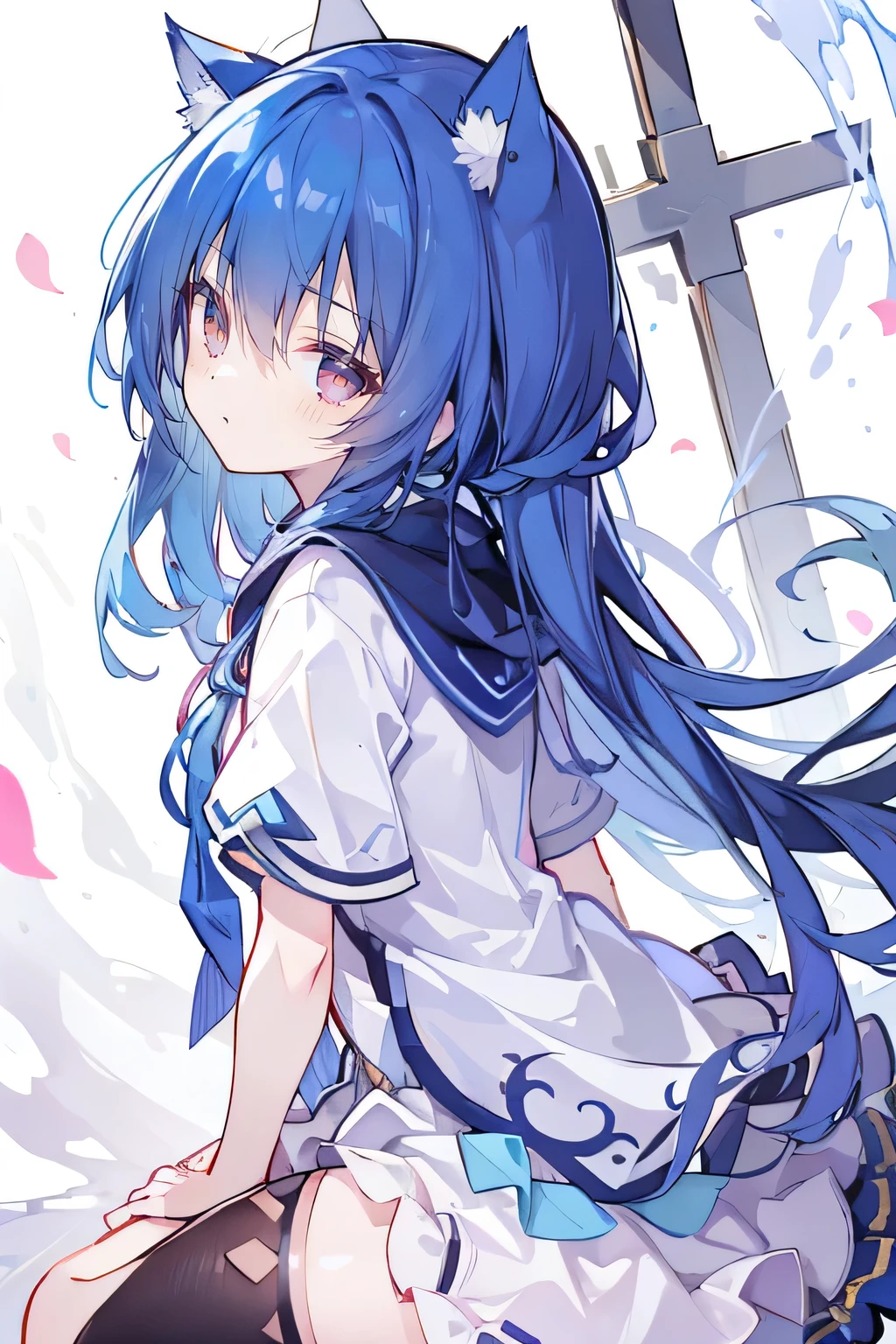 (masterpiece:1.2),Super detailed,lifelike,Expressive eyes,fair skin,perfect face shape,1 girl,
Japanese comics,Gorgeous blue hair,flowing blue hair,flowing clothes,Cat ears,Petals fall,beautiful lola,Baby Angel,
Shaking head with one hand,Cross your legs,Gentle and peaceful background,The pavilion is cool and comfortable,smile, wearing hoodie, background of tokyo,back views,snowing, winter.