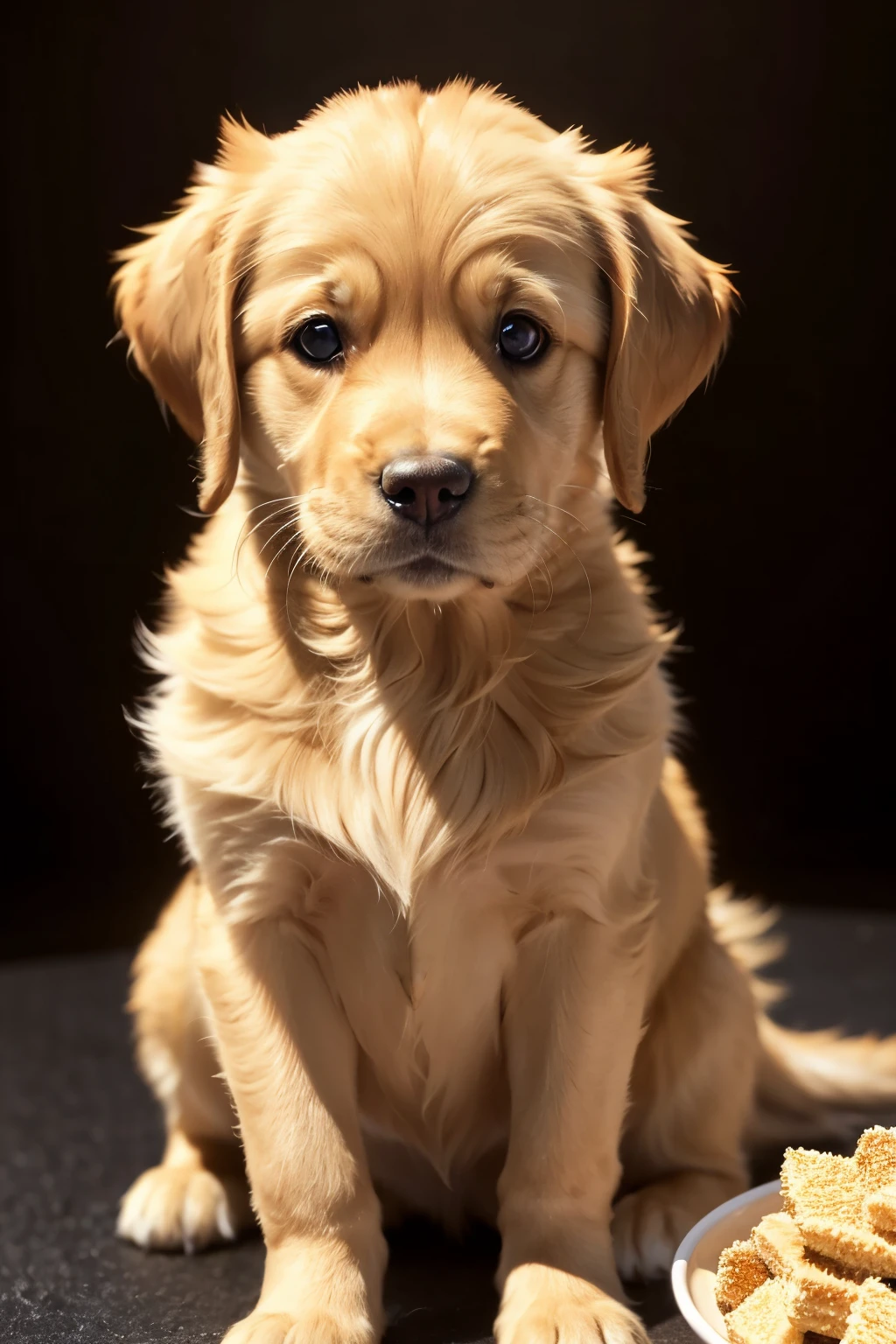 1 golden retriever puppy, light brown eyes, silky hair, in golden color, with your mouth closed, a pack of food next to him simple background, side lighting, darkness background