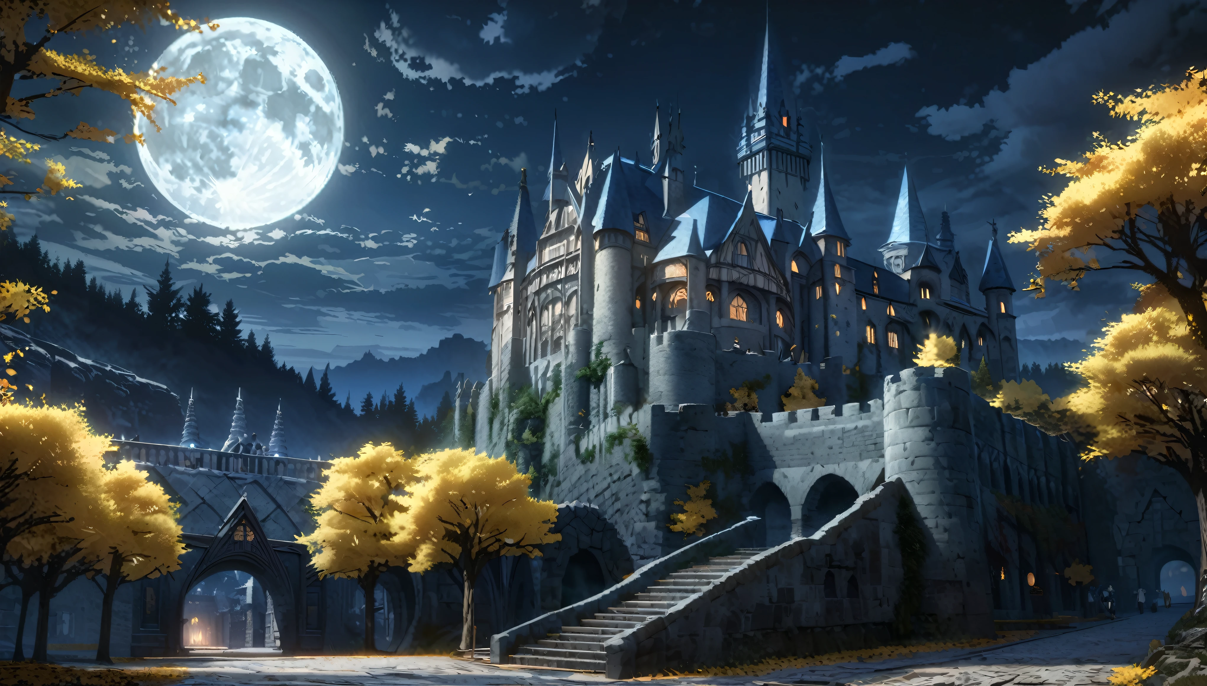  anime aestetics, anime scenery, gigantic blue moon over the castle, capital of ashes, stone roads, tall white stone buildings, beautiful architecture, elden ring capital, night, fullmoon, tall trees with silver leaves, elden ring scenery, gigantic structure, medieval capital, dark fantasy setting, dark night, grey yellow an blue colours, atmospheric perspective, perspective, wide shot, from side, 4K, 8k, highres, best quality, award winning, super detail, accurate, masterpiece, UHD