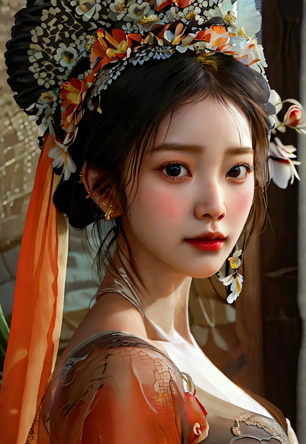 Highest quality, Masterpiece, high resolutionเป็นพิเศษ, (realistic: 1.4) 1 girl, beautiful_face, Fine skin, full body, decorations, alone, palace, queen, earring, (Tuesday: 1.3), Blurry, realistic, lips, สไตล์Dunhuang, (tangled: 1.2), (flower: 1.4), big breasts, The navel is exposed, , ahe-face, painful expression, enjoy, big, armpit, M shaped legs, open legs, camel toe, Barefoot, Barefoot, Barefoot, Highest quality, Masterpiece, Highly detailed, high resolution, 8ก, complicated details, realistic, realistic, incredible light, Partially hidden 1 girl, Dunhuang_clothes, Dunhuang_set, clothes, (see through: 1.3), Through a thin curtain, glance at chest, Create an attractive and suggestive effect., Lets you see her skin and breast shape.