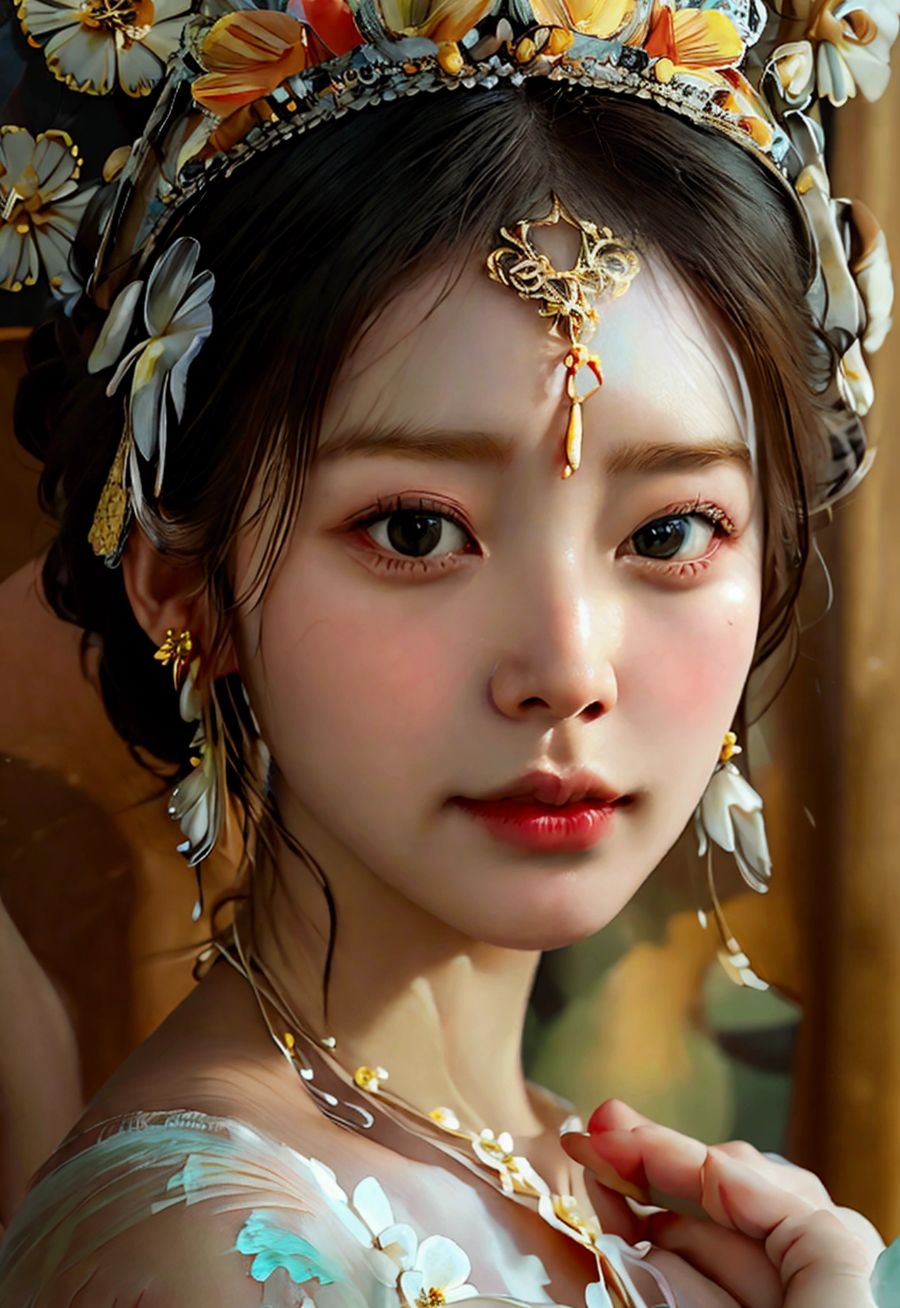 Highest quality, Masterpiece, high resolutionเป็นพิเศษ, (realistic: 1.4) 1 girl, beautiful_face, Fine skin, full body, decorations, alone, palace, queen, earring, (Tuesday: 1.3), Blurry, realistic, lips, สไตล์Dunhuang, (tangled: 1.2), (flower: 1.4), big breasts, The navel is exposed, , ahe-face, painful expression, enjoy, big, armpit, M shaped legs, open legs, camel toe, Barefoot, Barefoot, Barefoot, Highest quality, Masterpiece, Highly detailed, high resolution, 8ก, complicated details, realistic, realistic, incredible light, Partially hidden 1 girl, Dunhuang_clothes, Dunhuang_set, clothes, (see through: 1.3), Through a thin curtain, glance at chest, Create an attractive and suggestive effect., Lets you see her skin and breast shape.