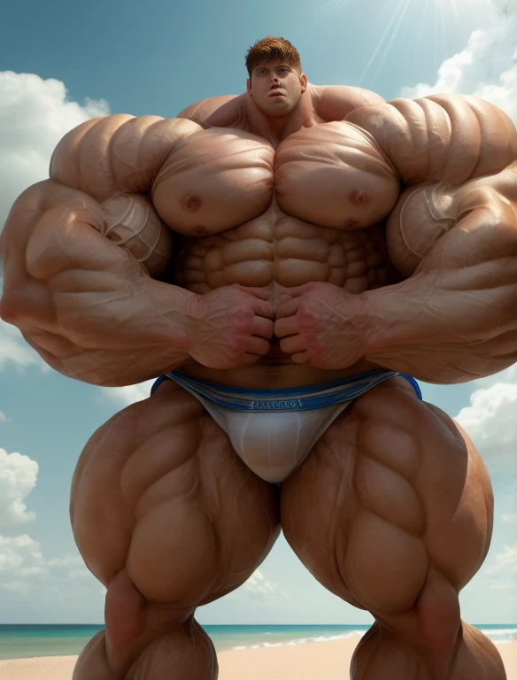 1boy, giant, alone, giant bodybuilder, illuminating light, strong body, bulk, large size, standing on the palms beach, nude, white triangular underwear, thick bulge, extraordinary big, brutalmass, giant muscular body, bulk, buff, massive body, large meaty body size, extremely wide body