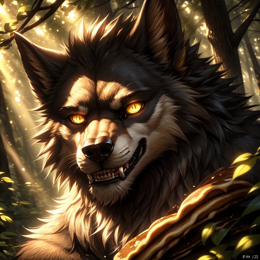 masterpiece, high quality, perfect anatomy, furry, anthro werewolf, male, niji5, yellow glowing eyes, detailed fur, close-up face, confident expression, detailed face, in a dense forest, sunlight filtering through trees, natural environment, eating a pancake