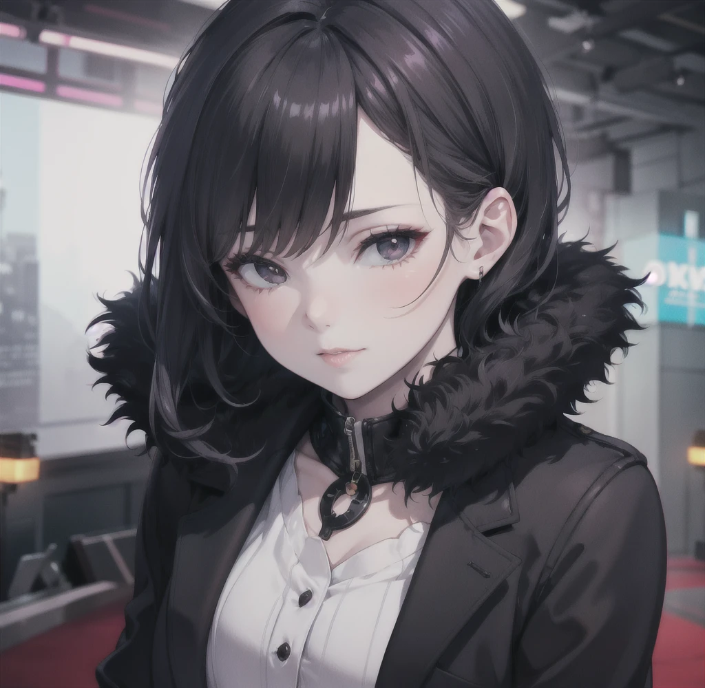 Beautiful girl with realistic black eyes, Pale skin, Medium length black hair, Perfect Face, Perfect Eyes, Wearing a coat, Very detailed, Overall Movie, Digital Painting, 8k, Cinema Lighting, Highest quality, High resolution, Detailed work, Post-processing, Perfect results, Ultra-realistic