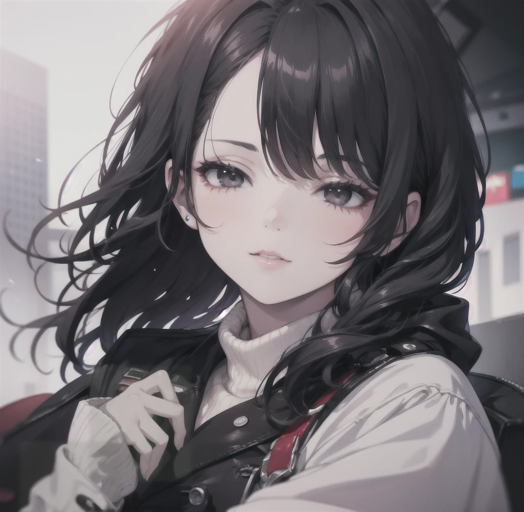 Beautiful girl with realistic black eyes, Pale skin, Medium length black hair, Perfect Face, Perfect Eyes, Wearing a coat, Very detailed, Overall Movie, Digital Painting, 8k, Cinema Lighting, Highest quality, High resolution, Detailed work, Post-processing, Perfect results, Ultra-realistic