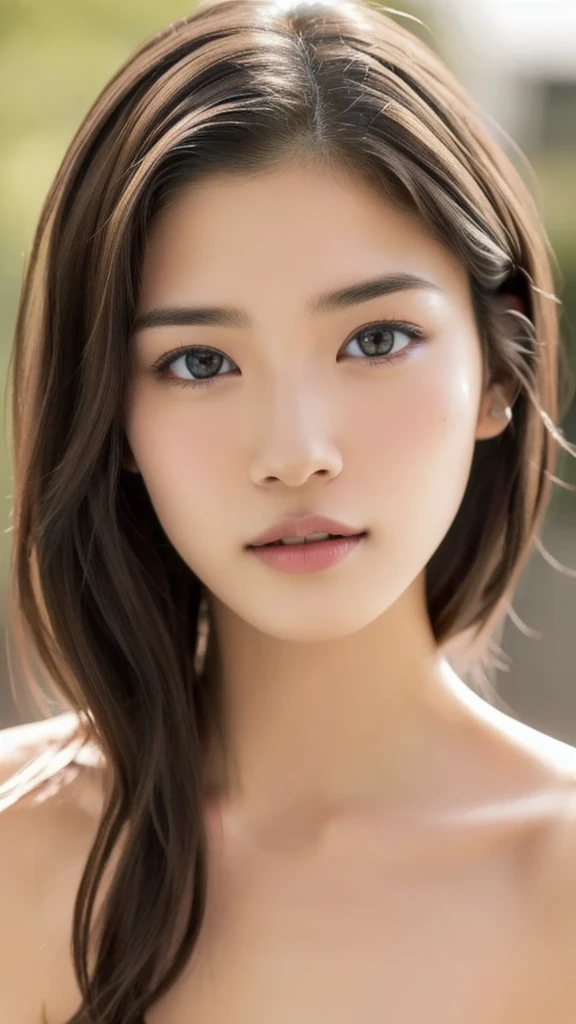 (NSFW), beautiful girl, brown eyes, ((beautiful slim teenage girl 18 year old, hair color [Brown highlights hair], [undercut pixie] hair)), ((big tits)), lips, realistic, ((skinny body)), charming, pink lipstick, colorful makeup, long eyelashes, wearing eyeliner, fair skin, (cute), (detailed face), detailed eyes, detailed iris, complete naked, complete closed mouth, upper body 