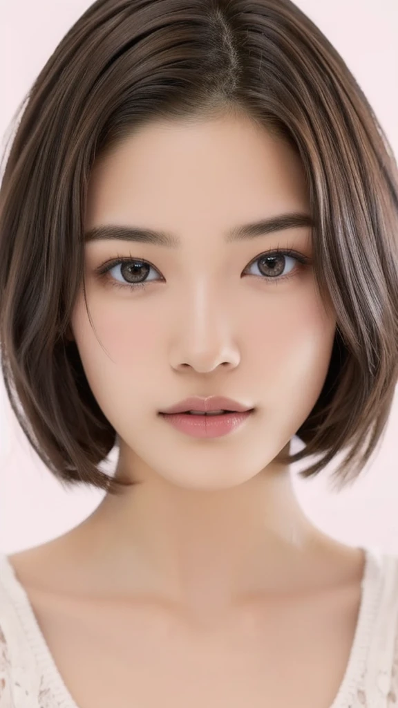 (NSFW), beautiful girl, brown eyes, ((beautiful slim age girl 18 year old, hair color [Brown highlights hair], [undercut pixie] hair)), ((big tits)), lips, realistic, ((skinny body)), charming, pink lipstick, colorful makeup, long eyelashes, wearing eyeliner, fair skin, (cute), (detailed face), detailed eyes, detailed iris, complete naked, complete closed mouth, upper body 