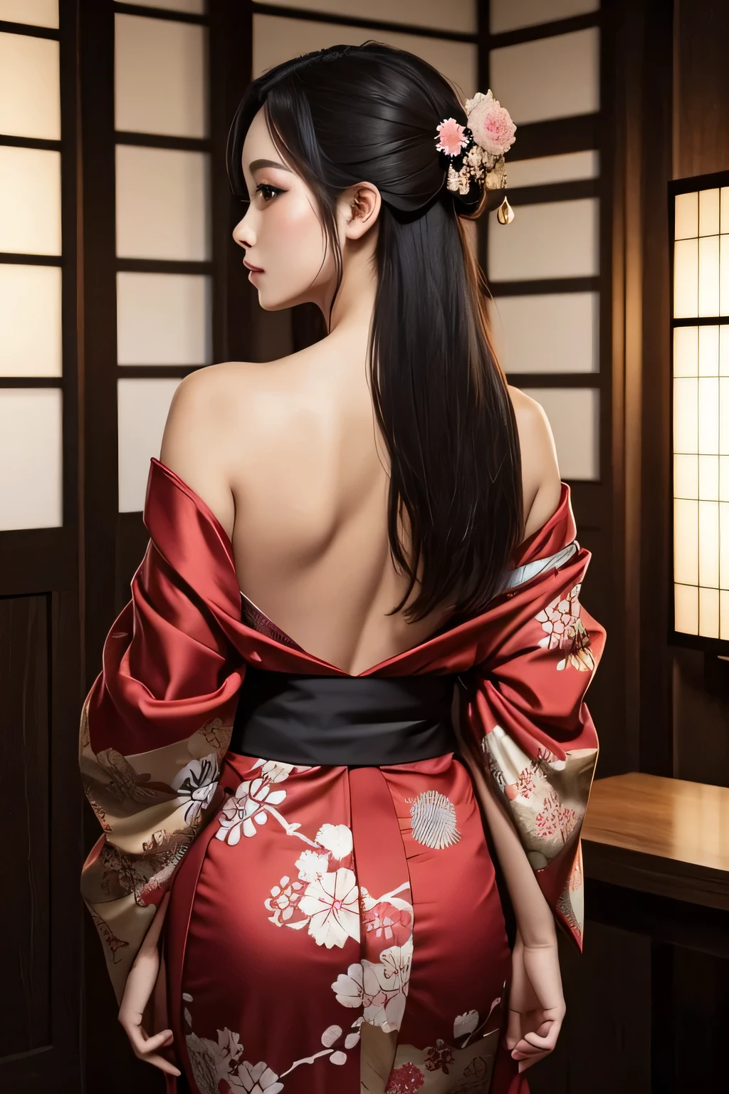 Sexy back, Attractive woman in traditional Japanese kimono, alone, Strapless off-shoulder kimono, Dark brownish black hair, Detailed and realistic skin texture, High contrast attractive skin tones, Captivating soft make-up, BREAK Luxury Japanese Kimono, Detailed silk texture, Silk luster, Fine and supple, Vibrant colors, Skin tension that accentuates cleavage, BREAK Gorgeous patterns on kimonos, Detailed and intricate coloring, Aesthetic high contrast, Healthy Skin, BREAK A bold composition that seduces the viewer, Absurd aesthetics, BREAK Full Body Shot,
