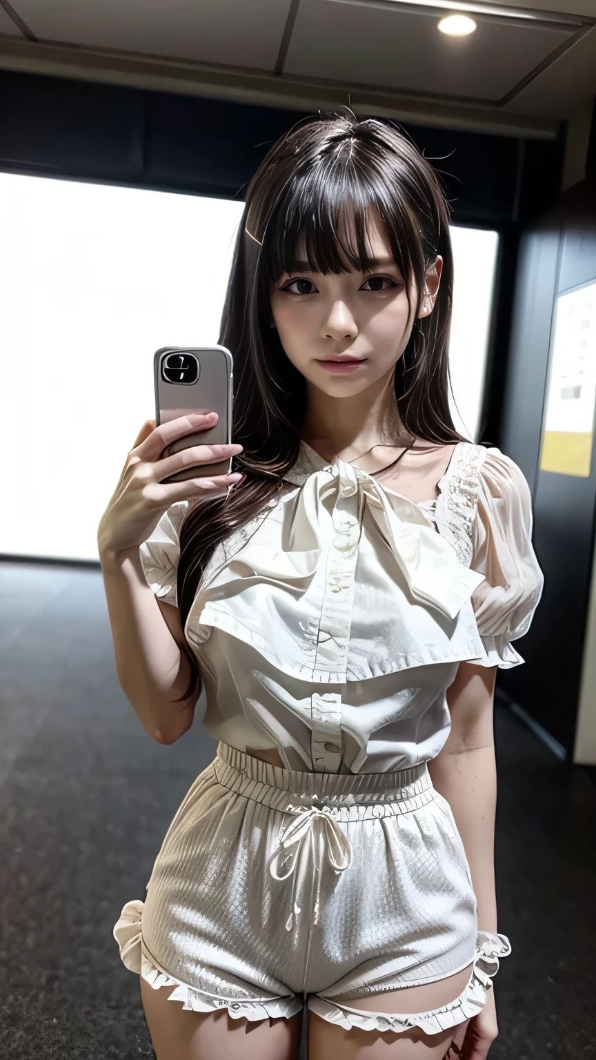 (Realistic、Like a photograph、Live Action、8k, Realistic, RAW Photos, Best image quality: 1.4), Single-lens reflex camera、RAW Photos, Highest quality, Realistic, Highly detailed CG Unity 8k wallpaper, Written boundary depth, Cinematic Light, Lens flare, Ray Tracing, Realistic background、A landmine girl waiting for someone、((Wearing a white blouse:1.4)、((Wear frilly shorts:1.1)、Large Breasts))、((ultra high density skin))、 1 female,cute Japanese、Standing in front of the station, waiting for someone while looking at his smartphone、The whole body is visible:1.5、Wearing sneakers:1.1、Long Hair:1.2、stylish ambiance、Very detailed and perfect costume、(White skin)、Precise and beautiful legs:1.1、View from below、Field