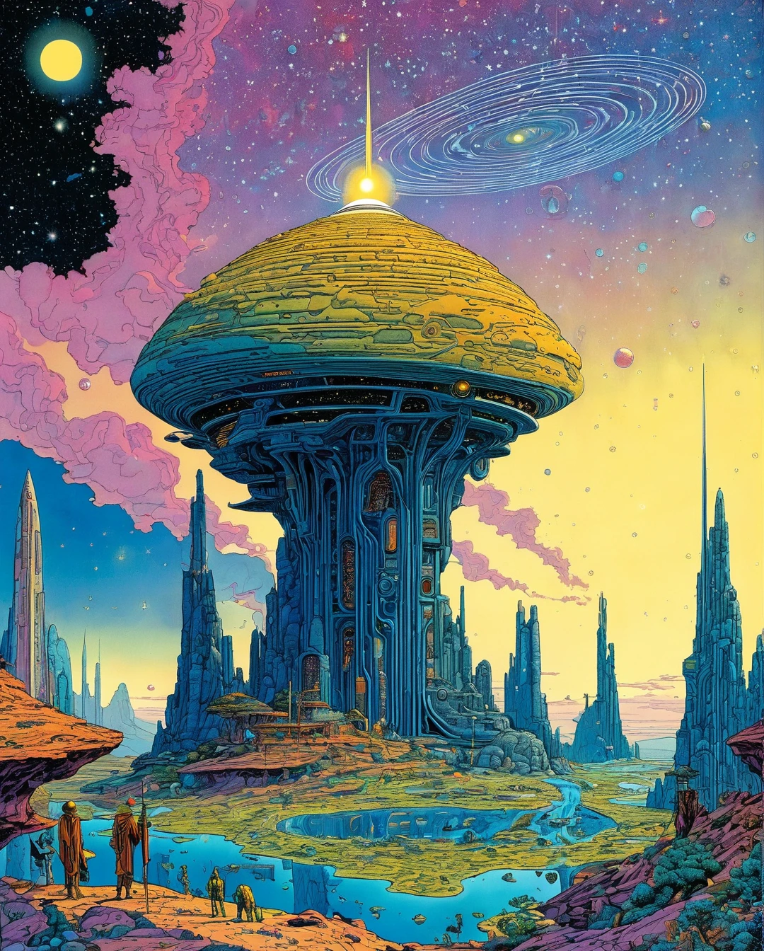 **Moebius (Jean Giraud) Style - An enchanting illustration by Jean Giraud Moebius, ((masterpiece)), ((best quality)), (highest quality masterpiece), (masterpiece),
(masterpiece, best quality), in a futuristic style. A detailed portrayal of an interstellar traveler exploring a surreal alien landscape, digital art,
featuring vibrant colors, an intricately detailed environment, and a sky full of alien constellations. Sleek, modern, ultramodern, high-tech equipment with glowing runes.
PsyAI, Psychedelic, Visionary art, DMT, and LSD style by Moebius.**