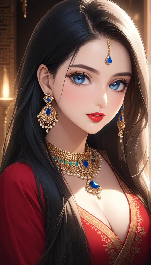 A beautiful young woman, big jhumka earrings, breasts, diamond necklace, long necklaces, makeup, big earrings, red lipstick, kurti, pajama, dupatta, long hair, blue eyes, cleavage, (best quality,4k,8k,highres,masterpiece:1.2),ultra-detailed,(realistic,photorealistic,photo-realistic:1.37),highly detailed portrait, intricate details, exquisite skin texture, dramatic lighting, cinematic composition, vivid colors, warm color palette, bracelet, nail polish,long nails, bangles,thin waist,long legs