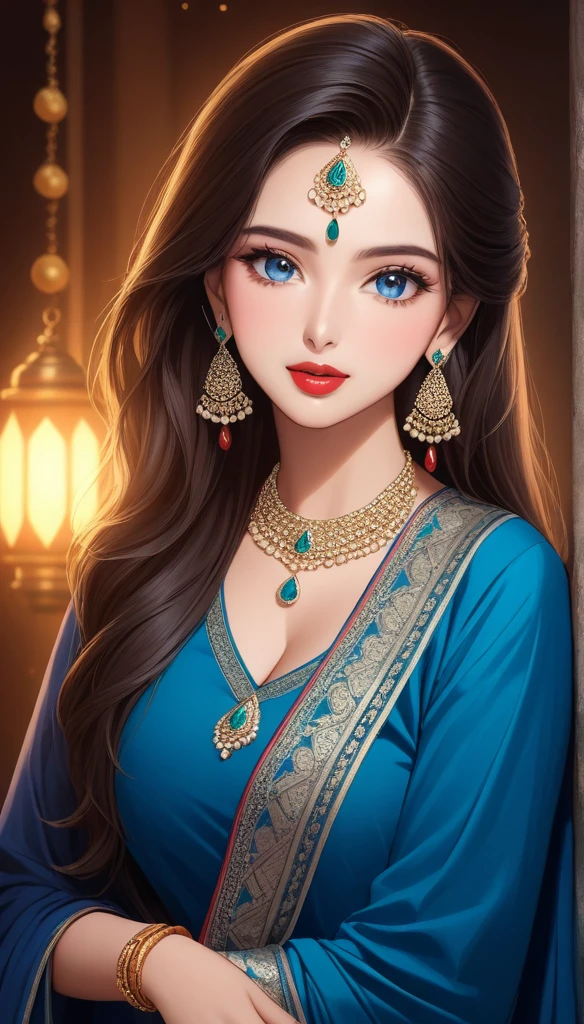 A beautiful young woman, big jhumka earrings, breasts, diamond necklace, long necklaces, makeup, big earrings, red lipstick, kurti, pajama, dupatta, long hair, blue eyes, cleavage, (best quality,4k,8k,highres,masterpiece:1.2),ultra-detailed,(realistic,photorealistic,photo-realistic:1.37),highly detailed portrait, intricate details, exquisite skin texture, dramatic lighting, cinematic composition, vivid colors, warm color palette, bracelet, nail polish,long nails, bangles,thin waist,long legs