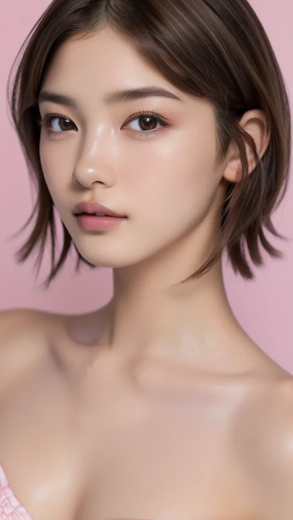 (NSFW), beautiful girl, brown eyes, ((beautiful slim teenage girl 18 year old, hair color [Brown highlights hair], [undercut pixie] hair)), ((big tits)), lips, realistic, ((skinny body)), charming, pink lipstick, colorful makeup, long eyelashes, wearing eyeliner, fair skin, (cute), (detailed face), detailed eyes, detailed iris, complete naked, complete closed mouth,