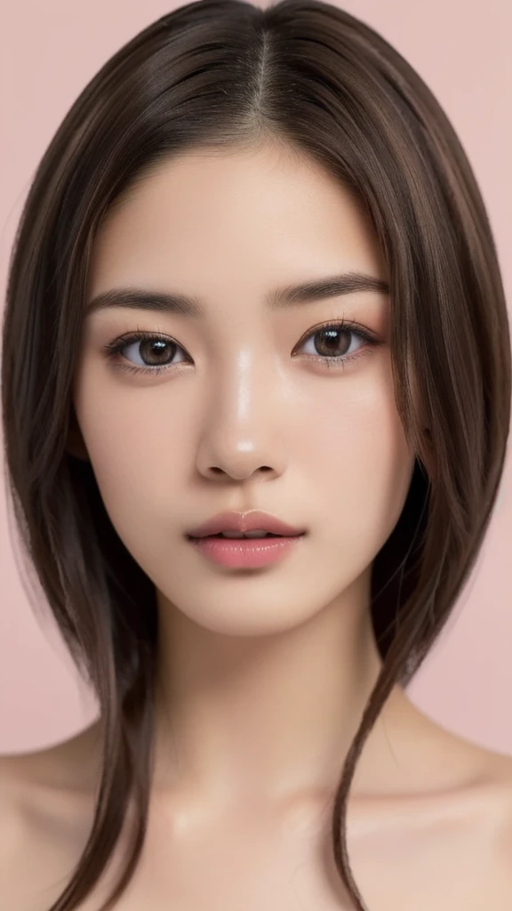 (NSFW), beautiful girl, brown eyes, ((beautiful slim teenage girl 18 year old, hair color [Brown highlights hair], [undercut pixie] hair)), ((big tits)), lips, realistic, ((skinny body)), charming, pink lipstick, colorful makeup, long eyelashes, wearing eyeliner, fair skin, (cute), (detailed face), detailed eyes, detailed iris, complete naked, complete closed mouth,