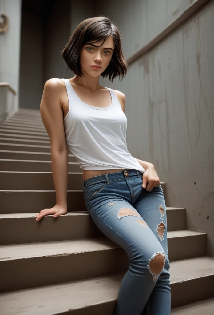 Korra with the face of zendaya ,sitting on some stairs, ripped jeans, tank top, upshirt, ((pulls up her shirt)) , slightly muscular, Beautiful realistic waifu style girl, hyperdetailed painting, luminism, art by Carne Griffiths and Wadim Kashin concept art, post-apocalyptic background, abstract beauty, approaching perfection, pure form, golden ratio, minimalistic, dark atmosphere, unfinished, concept art, intricate details, 8k post production, high resolution, hyperdetailed, trending on artstation, sharp focus, studio photo, intricate details, highly detailed, by artgerm.