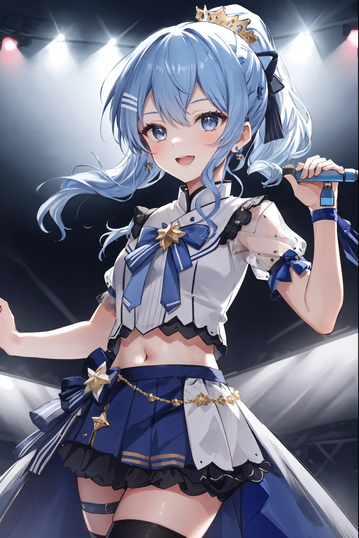 masterpiece, best quality, absurdres, 1girl, solo, Hoshimachi Suisei, light blue hair, blue eyes, happy, smile, parted lips, cowboy shot, sidelocks, ponytail, toned,
idol, idol clothes, hololive idol uniform, bowtie, blue skirt, brooch, dress, concert, on stage, frilled skirt, jewelry, layered dress, short sleeves, tiara, midriff, thighhighs(,shout:1.5),.(open_mouth:1.3),singing,(angry:0.6), (glare:0.6), idle_live,audience_landscape,light up_girl,solo,shiny_effects,smile。joy,happy,(slanted_eyes:1.3)