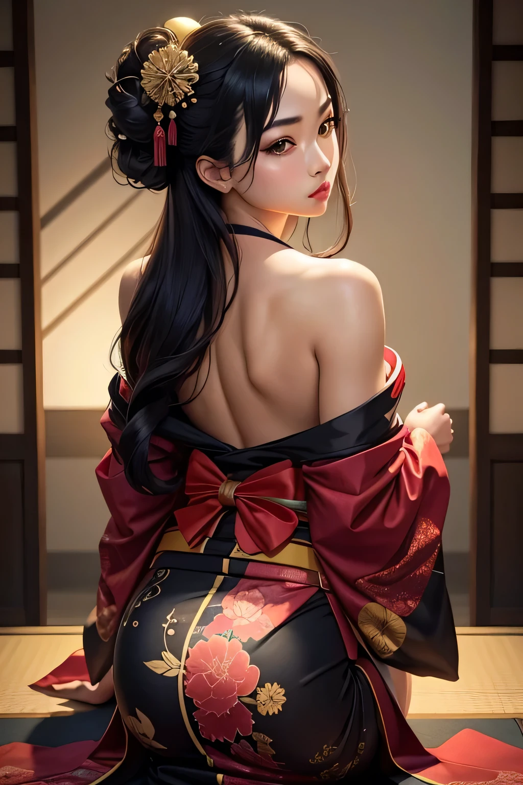 female dressed as attractive Samurai, gorgeous, voluptuous, flirting, busty, ample hips, insanely detailed accentuated big booty, looking_back, portrait, photography, detailed skin, Realistic, photo-realistic, 8k, highly detailed, full-length frame, HIGH detailed RAW color art, piercing, diffused soft lighting, shallow depth of field, sharp focus, hyperrealism, cinematic lighting,