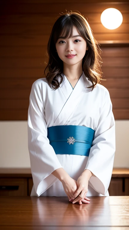 A beautiful woman, kimono that does not expose much of her skin.,(((In the moonlight of a blizzard, a woman looking good in a kimono with Japanese pattern,Floral scrunchie.))),Full-body photography from the ceiling,best image quality,professional angle of view,Exceptional detail,Super high resolution,realistic:1.4),high detail,focus on details,1girl concentrated in high concentration,long hair,delicate and beautiful face,The best smile with raised eyebrows and corners of the mouth,((glowing glass eyes)),
