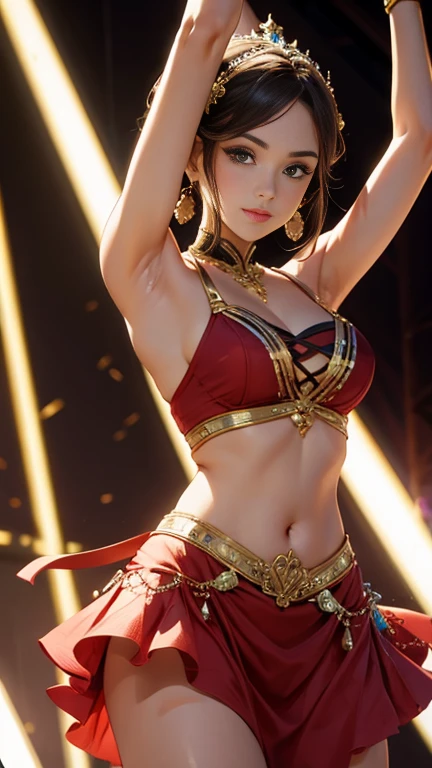 8K, RAW Photos, highest quality, masterpiece:1.2), (Realistic, photo-Realistic:1.37)、Earrings, eyelash, pantyhose、Sexy and provocative smile、 (Shiny skin:1.05)、Venus Body、Having her hair done、My chest is popping out、Wear accessories on your wrist、Wearing accessories on the ankle、Background blur((depth of field)、23 year old Arabian female、long hair、Wear a sexy belly dance costume、barefoot、Face Veil((mouth veil))Put on face、art nouveau background、Petals dance across the screen、Dancing belly dance with a bewitching smile