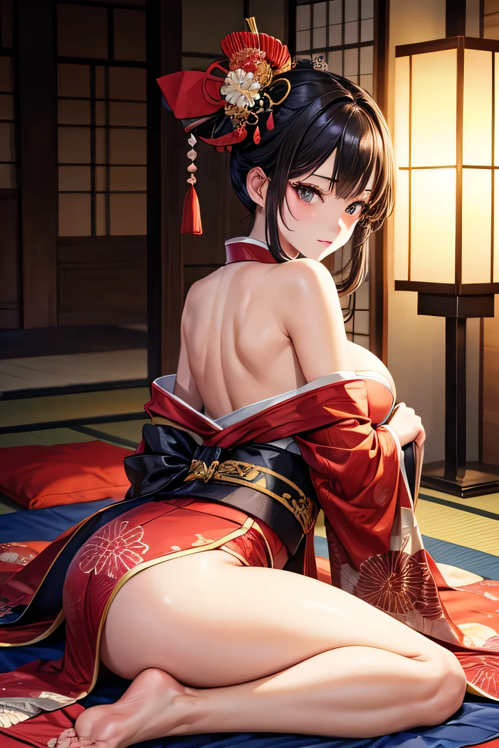 Sexy back, Attractive woman in traditional Japanese kimono, alone, Strapless off-shoulder kimono, Dark brownish black hair, Detailed and realistic skin texture, High contrast attractive skin tones, Captivating soft make-up, BREAK Luxury Japanese Kimono, Detailed silk texture, Silk luster, Fine and supple, Vibrant colors, Skin tension that accentuates cleavage, BREAK Gorgeous patterns on kimonos, Detailed and intricate coloring, Aesthetic high contrast, Healthy Skin, BREAK A bold composition that seduces the viewer, Absurd aesthetics, BREAK Full Body Shot,