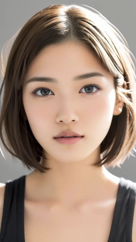 (NSFW), beautiful girl, brown eyes, ((beautiful slim teenage girl 18 year old, short hair color [Brown highlights hair], [undercut pixie] hair)), ((big tits)), lips, realistic, ((skinny body)), charming, pink lipstick, colorful makeup, long eyelashes, wearing eyeliner, fair skin, (cute), (detailed face), detailed eyes, detailed iris, complete naked, complete closed mouth, full body, 