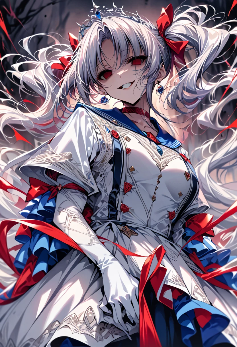 (masterpiece, Highest quality, so beautiful, Super detailed), Intricate details, 12k, Honestly, Long Hair, Double Bang, Twin tails, Parted bangs, tiara, Earrings, red eyes, Red choker, Blue sailor collar, Red Bow, White shirt, Elbow hand pockets, White gloves, Blue Skirt, Are standing, Cowboy Shot,,(evil smile:1.2), 1girl,(Silver Hair:1.4),(empty eyes,:1.4),from below,looking dawn,dark aura,View your viewers