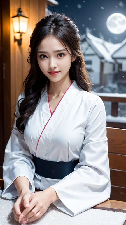 A beautiful woman, kimono that does not expose much of her skin.,(((In the moonlight of a blizzard, a woman looking good in a kimono with Japanese pattern,Floral scrunchie.))),Full-body photography from the ceiling,best image quality,professional angle of view,Exceptional detail,Super high resolution,realistic:1.4),high detail,focus on details,1girl concentrated in high concentration,long hair,delicate and beautiful face,The best smile with raised eyebrows and corners of the mouth,((glowing glass eyes)),

