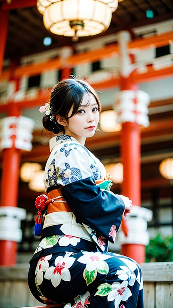 Masterpiece, bokeh, Beautiful (Japanese idle:1.6), (yukata:1.3), squatting in seashore, (From below:1.6),