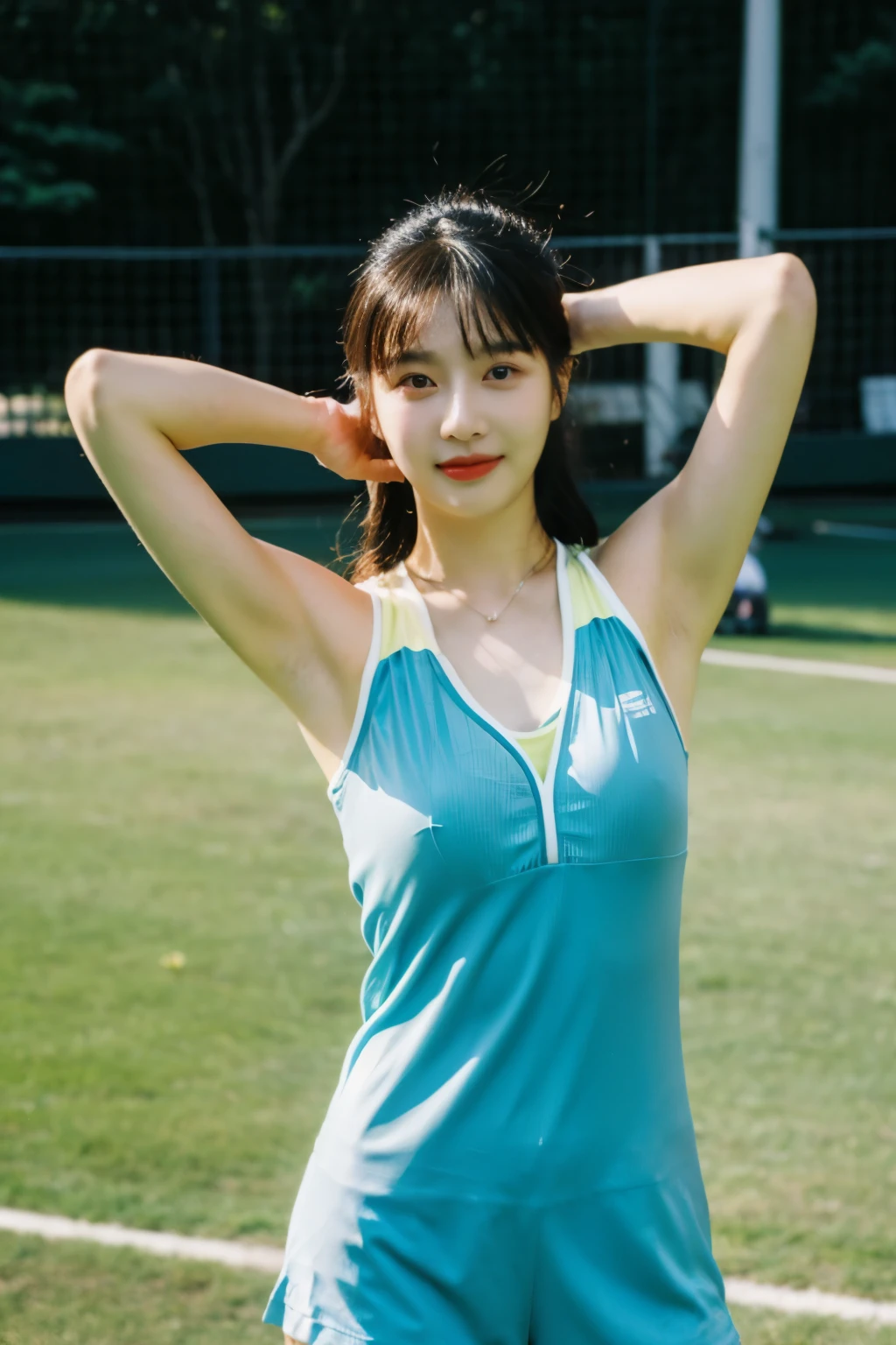 (beautiful korean female idol:1.25), (58 inch breasts size), (fleshy juicy body:1.5), (thick arms:1.5), (holding racket - playing tennis), armpit visible, wearing multicoloured micro sport bra, tennis sneakers, sweating profusely, action-do sports on the tennis court, fullbody shot, bokeh background, professional photograph, award-winning portrait, masterpiece, 8K UHD, high detail full-body view, symmetrical, Nikon D850, 85mm lens, f/1.8, depth of field, full body shot,