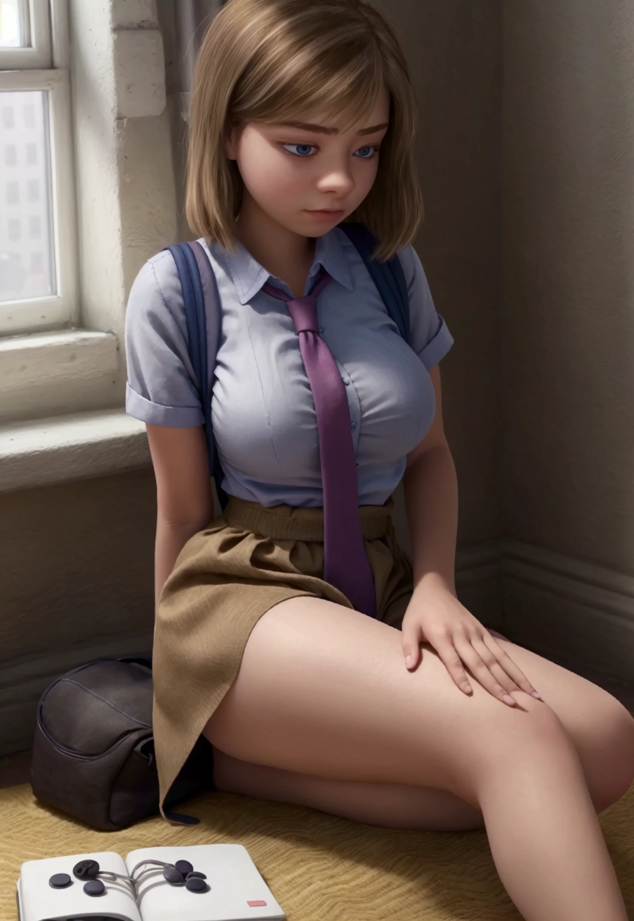 AS-YoungV2 full body, very giant breasts, very fat legs, will be dressed in a , white shirt with buttons and tied at the.waist with a small tie dressed in a short wide light blue microskirt, very sensual and sexy pose, You will find yourself on a bed sitting with your legs open and showing your underwear., There will be a brown backpack and several notebooks will be lying on the floor., There will be a man sitting on the floor and looking at her and he will be with a camera and taking photos of her.