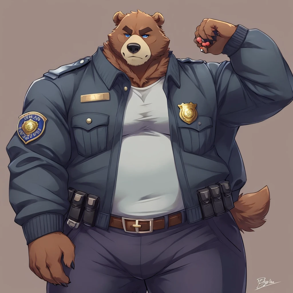 Boris Solo. Grizlly bear body grade, corpulent. thick arms, muscular. thick legs. panza. brown fur. blue eyes. Dear apple, serious face. 
Policy uniform, Long pants, long detective jacket, Police badge, RING.