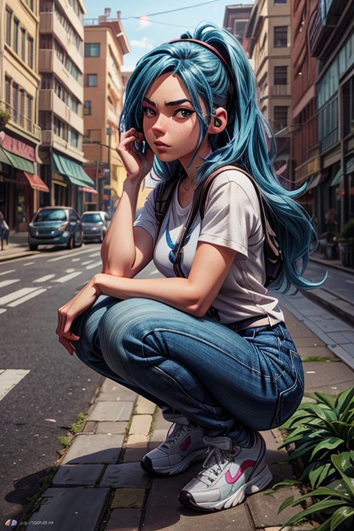 bushy woman with blue hair and headphones crouching on the sidewalk, realistic 3d anime style, artgerm and lois van baarle, cute anime girl crouching, beautiful digital art, Alena Aenami and Artgerm, ross tran 8k, realistic 3d anime, Hyper Anime realistic, extremely detailed artgerm