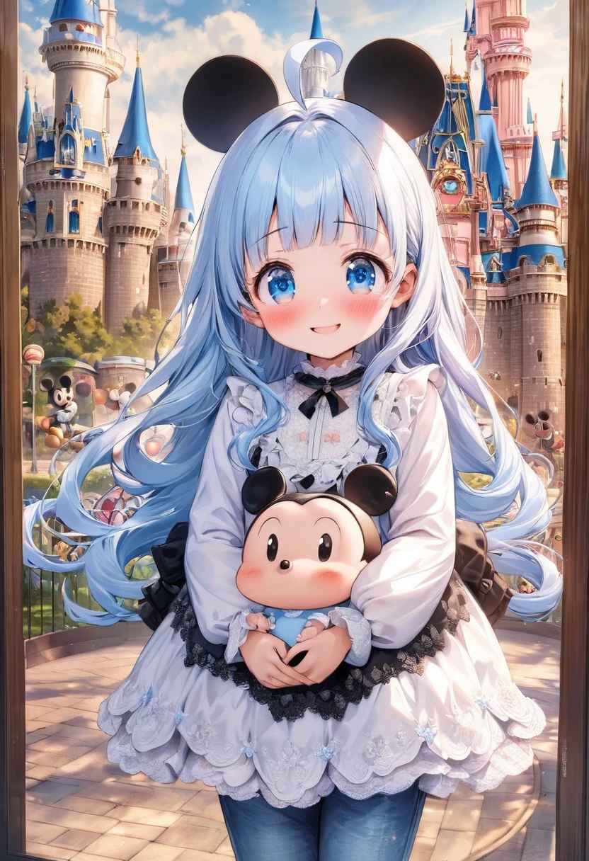 Masterpiece, best quality, extremely detailed, (illustration, official art: 1.1), (:1.55)、((((1 girl)))), ((light blue long hair))), light blue hair, ,young,skinny,,,((blush)), cute face, big eyes, tareme, masterpiece, best quality, (a very delicate and beautiful girl)))), flat chest ,amazing, beautiful detailed eyes, blunt bangs (((little delicate girl)))), tareme (true beautiful: 1.2), small Girl,, , Longhaire, Blush, shy, heart, dress, looking at viewer, parted lips, bangs, picture frame, card, frills, blurry , ,, A smile, ,light blue long hair,(((( light blue long hair)))),light blue hair,, long hair ((blush)) , cute face, big eyes,tareme ,Ultra-detailed photography with great depth of field, detailed eyes, ,small breasts,standing nearby micky mouse,disney land,disney resort,Cinderella Castle,long sleeves,shirt,jeans,happy,holding baloon,1girl,,ahoge,BREAK,masterpiece, best quality,absurdres,A blouse with lots of ruffles and lace　A skirt with lots of ruffles and lace　Pannier,smile, shy ,big smile,pink warld ,score_9