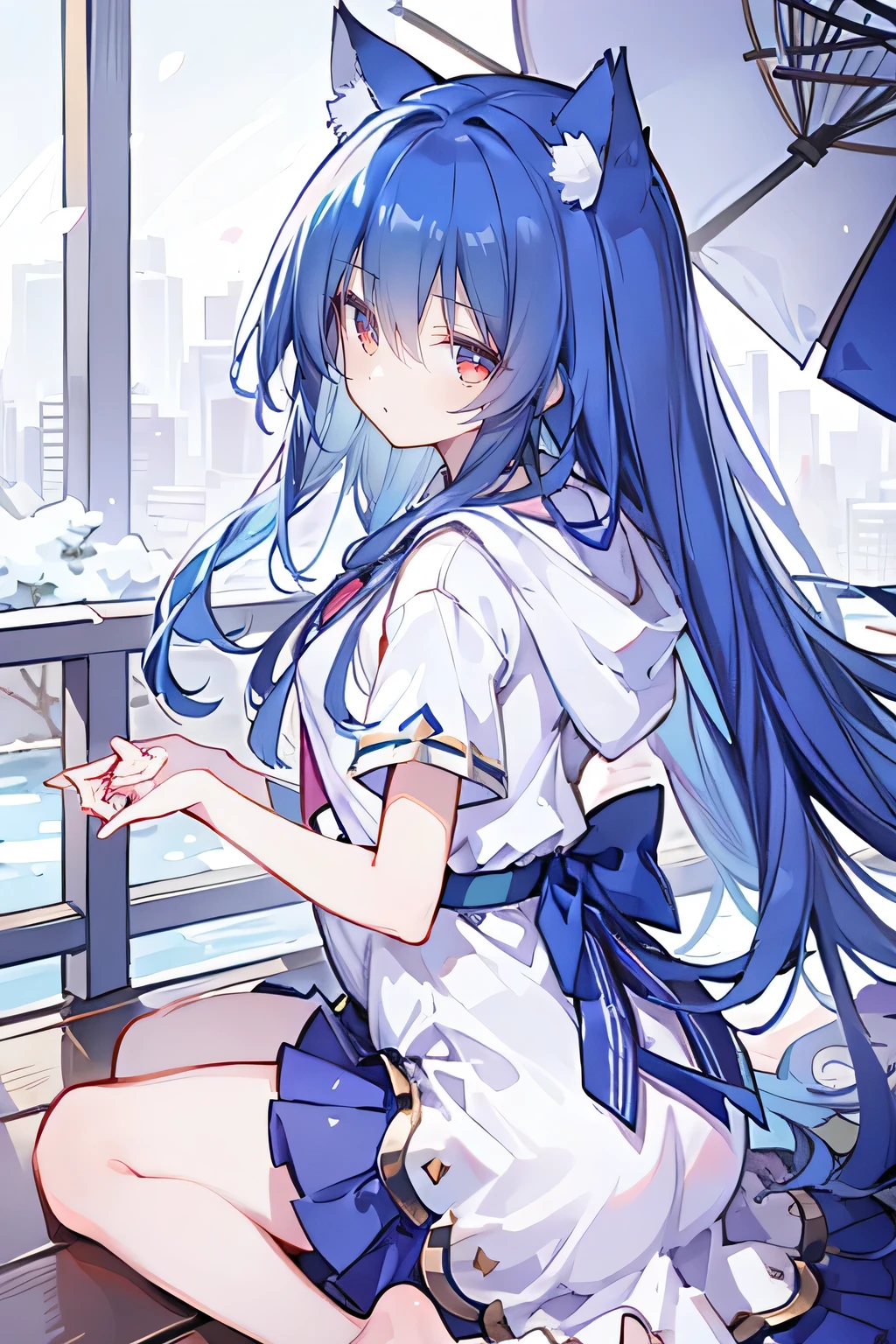 （masterpiece：1.2），Super detailed，lifelike，Expressive eyes，fair skin，perfect face shape，1 girl，
Japanese comics,Gorgeous blue hair,flowing blue hair,flowing clothes,Cat ears,Petals fall,beautiful lola,Baby Angel,
Shaking head with one hand，Cross your legs，Gentle and peaceful background，The pavilion is cool and comfortable,smile, wearing hoodie, background of tokyo,back views,snowing, winter.