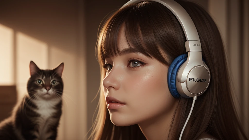 a girl wearing headphones, with a puss in boots expression, beautiful detailed eyes, beautiful detailed lips, extremely detailed face, long eyelashes, intricate hairstyle, soft lighting, warm color palette, high quality, digital art, concept art, cinematic, photorealistic