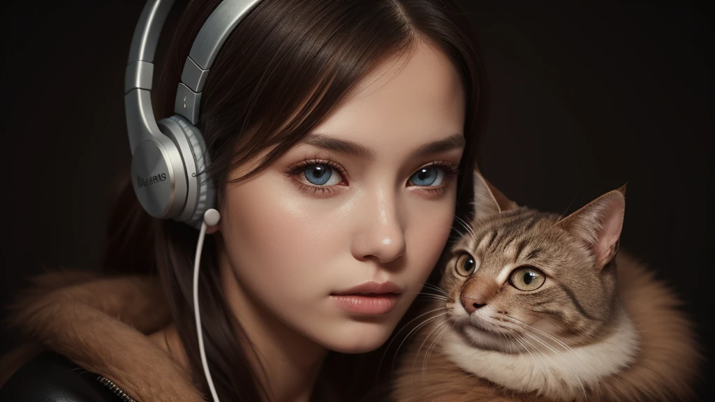 a girl wearing headphones, with a puss in boots expression, beautiful detailed eyes, beautiful detailed lips, extremely detailed face, long eyelashes, intricate hairstyle, soft lighting, warm color palette, high quality, digital art, concept art, cinematic, photorealistic
