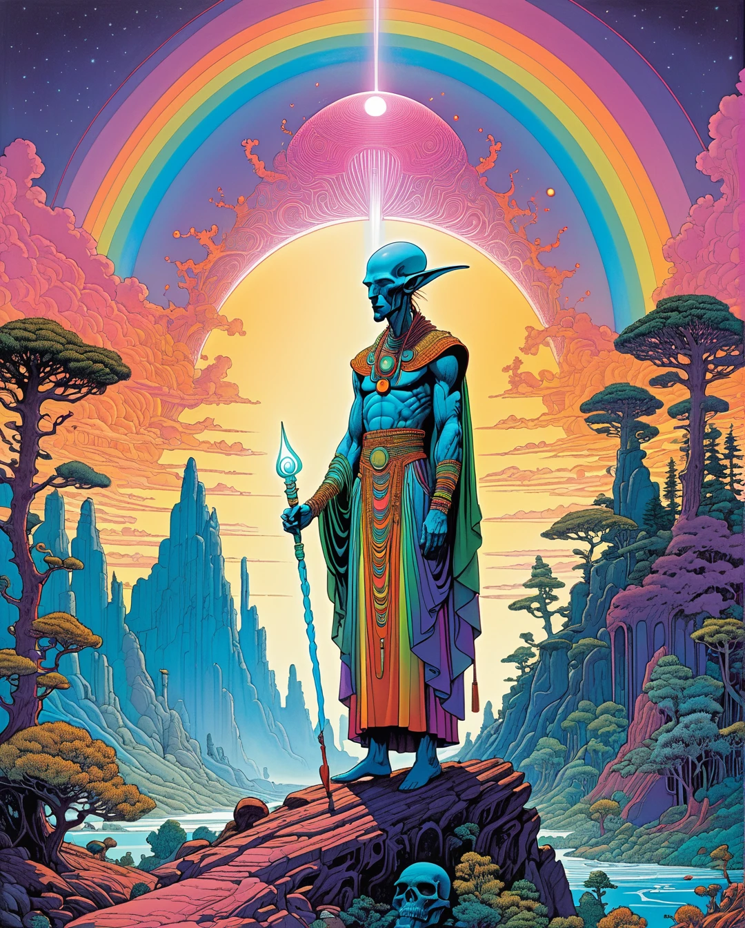 **Moebius (Jean Giraud) Style - A spectacular composition by Jean Giraud Moebius, ((masterpiece)), ((best quality)), (highest quality masterpiece), (masterpiece),
(masterpiece, best quality), in a futuristic theme. An awe-inspiring illustration of an alien shaman performing a ritual, digital art, featuring rainbow colors,
detailed ceremonial attire, and a mystical forest in the background. Sleek, modern, ultramodern, high-tech elements with glowing tattoos. PsyAI, Psychedelic,
Visionary art, DMT, and LSD style by Moebius.**