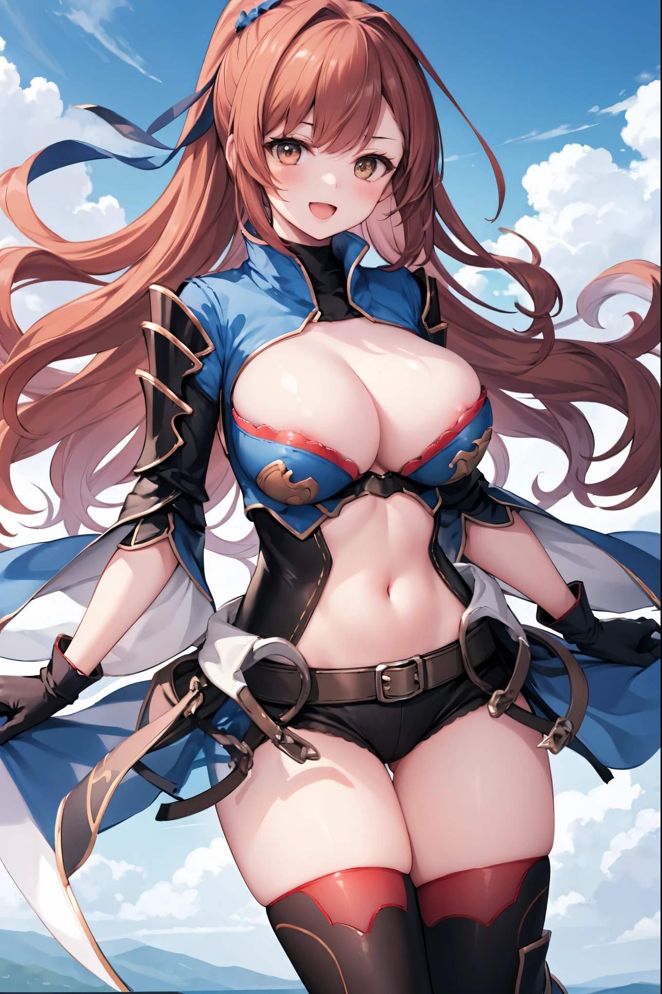 masterpiece, best quality, 1teen_girl,def,beatrix, ponytail, hair ribbon, gauntlets, blue shirt, gloves, cleavage cutout, looking at viewer, big_smile, large breasts, sky_landscape_background ,,happy,covered_nipples,young_,full_of_beans,,laugh,blush,open_mouth,thigh-highs, glower,open_legs,rise_knee,(angry:0.8)