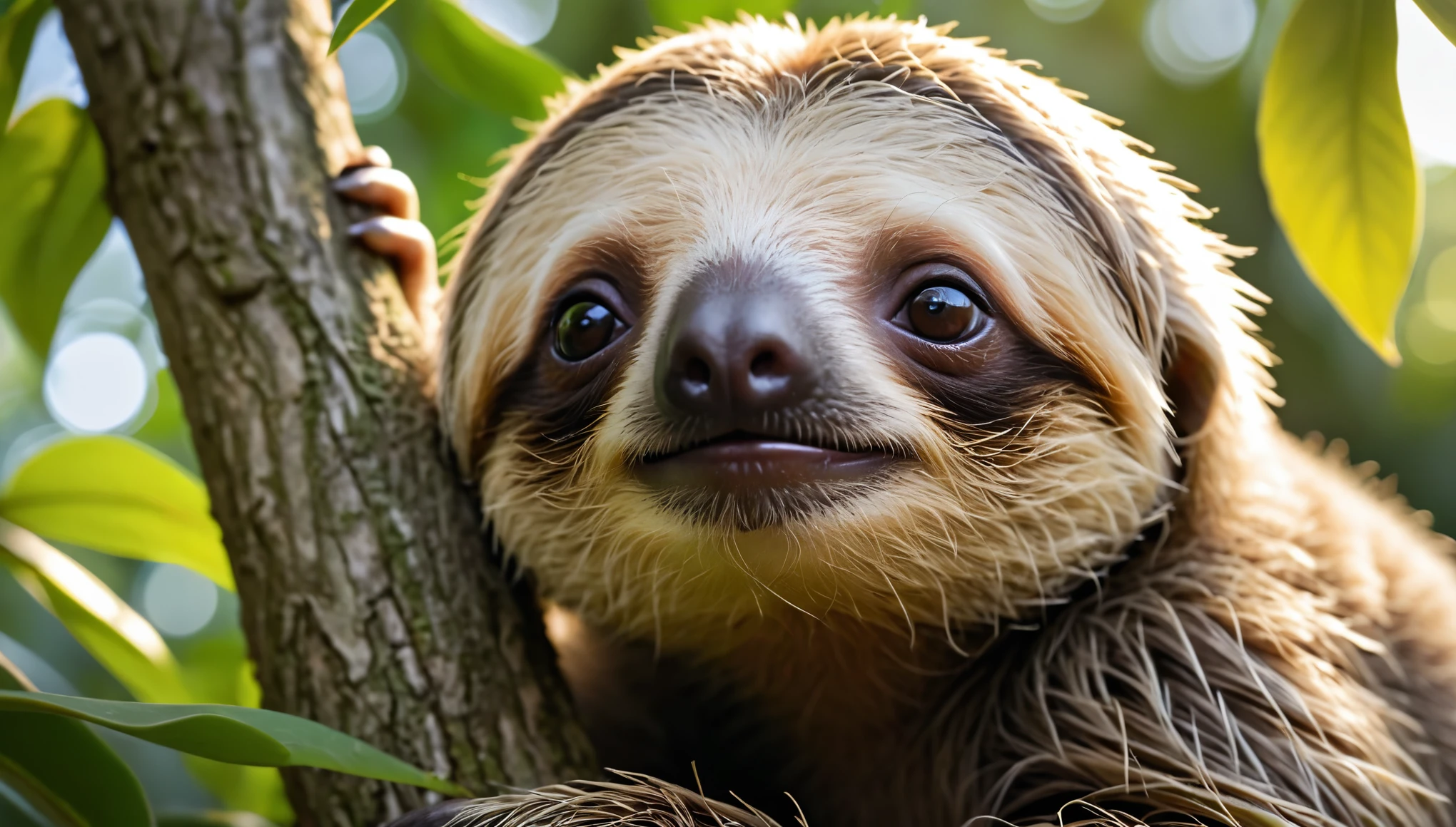 sloth, baby sloth, on a tree, detailed sloth face, intricate fur texture, lush green leaves, golden hour lighting, cinematic composition, highly detailed, photorealistic, 8K, (best quality, 4k, 8k, highres, masterpiece:1.2), ultra-detailed, (realistic, photorealistic, photo-realistic:1.37), natural environment, beautiful lighting, vibrant colors, soft focus, depth of field, serene atmosphere