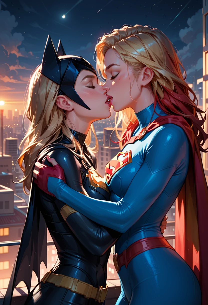 score_9, score_8_up, score_7_up, score_6_up, 2girls, Supergirl and Batgirl, yuri, girlfriends, lovers, kissing, city rooftop, night, cinematic lighting.