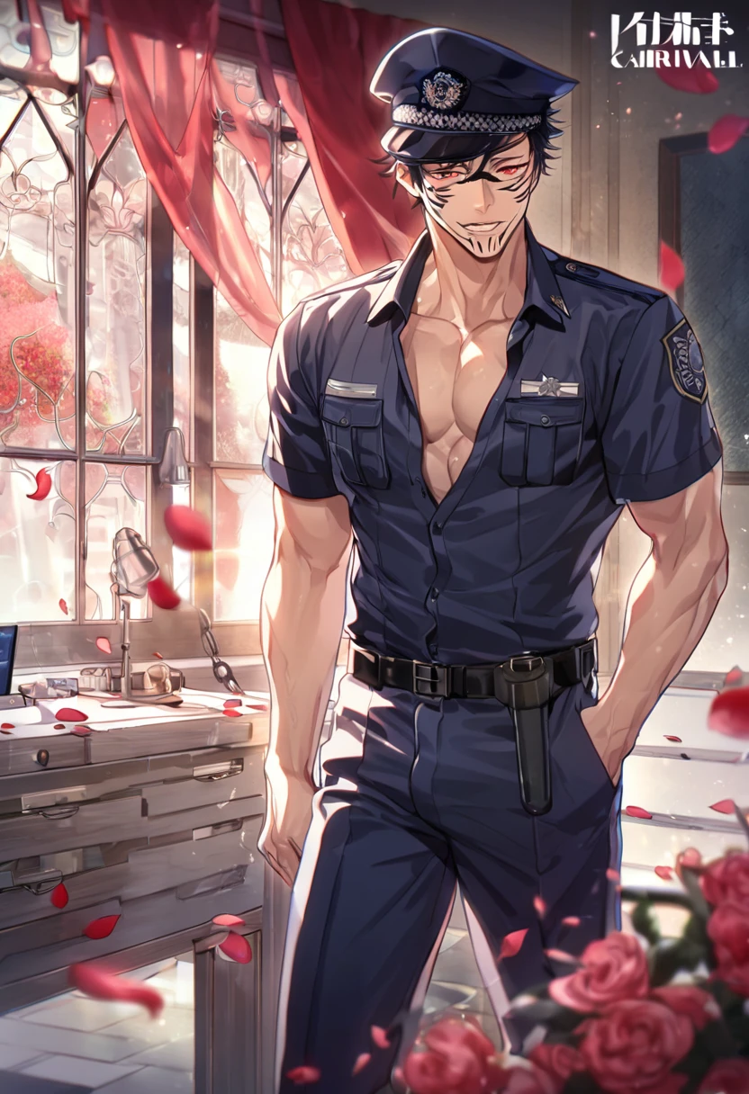 absurdres, highres, ultra detailed, HDR, master piece, best quality, Ryoumen Sukuna, black hair, expressive red eyes, Jujutsu Kaisen, solo, sexy man, handsome, horny, lewd, black police officer clothes, unbuttoned shirt, black hat, fantasy, police station, window, petals, flowers, room, red curtains, Nu Carnival