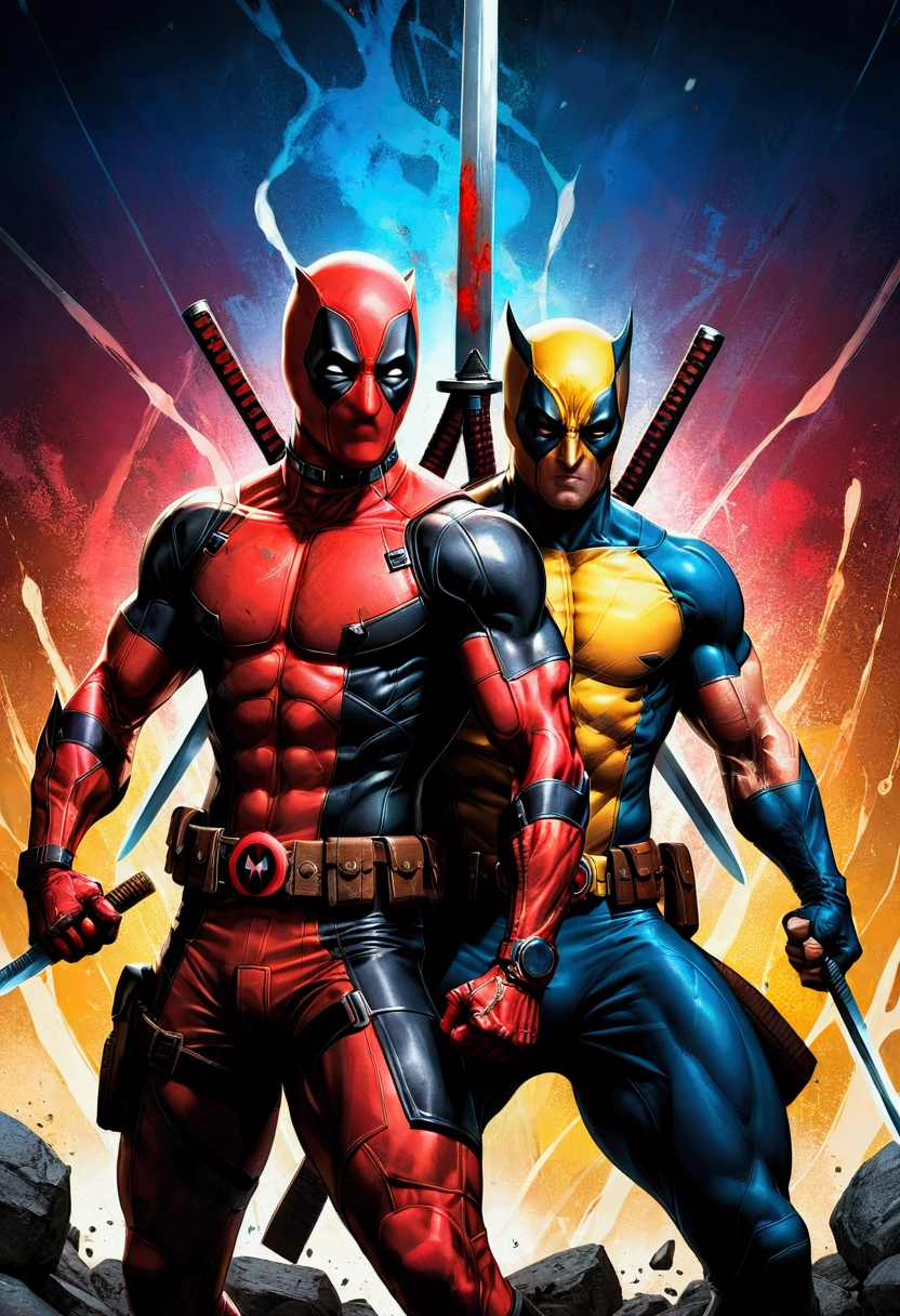 2boy, Deadpool & Wolverine, a muscular man in a red and black costume with swords, a shorter man with claws in a yellow and blue costume, fighting, dynamic action pose, cinematic lighting, hyper detailed, 4k, (8k,highres:1.2), ultra-detailed, HDR, UHD, studio lighting, ultra-fine painting, sharp focus, physically-based rendering, extreme detail description, professional, vivid colors, bokeh, comic book style, dynamic action scene, masterpiece, best quality, very aesthetic, absurdres