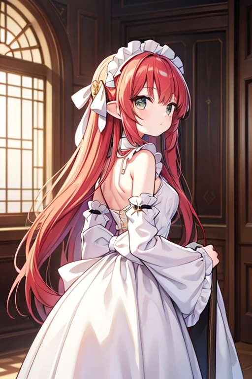 work of art, best qualityer, highy detailed, high resolution, HDR,, chobits, what is it?, no feelings,, 1 girl, standing alone, bangss, bared shoulders, breastsout, eyes browns, clamp (circle) (styled), platinum red hair, pretty long hair, robot ears, small breastsout, hair tubes,, housekeeper, housekeeper headdress, housekeeper apron, victorian housekeeper, housekeeper dress,, mksks styled, beautiful background, detailed back ground, Professional Lightning, mansion, hinterland, gold ornament, gold, gold effects,