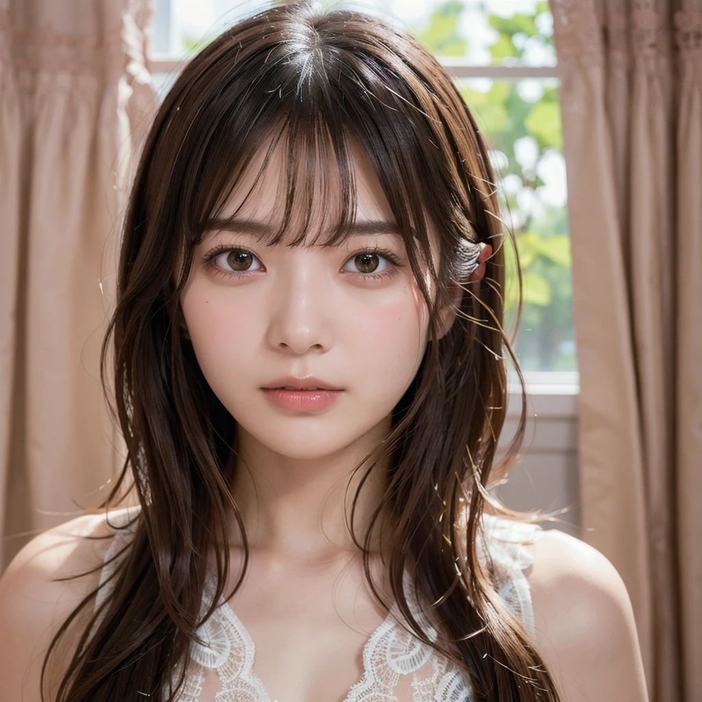(Highest quality,masterpiece:1.3,超High resolution),(Very detailed,Caustics,8k),(Realistic:1.4,RAW shooting),Super detailed, 超High resolution,18-year-old,Japanese,黒いLong Hair,耳前にLong Hair, (Long Hair:1.2), (Wavy Hair:1.2), (鈍いbangs:1.2), Chest-up shot,Ultra high definition 8K,Highest quality,Very detailedな,masterpiece,Realistic,Rich details,Photographic realism,Very detailedな環境,Very detailedな照明,Very detailedな詳細,,Detailed skin texture,Scattered under the surface,(blush:0.5),Photographic works,A slightly sad expression,Beautiful, shining lips, Detailed face、 bangs, Hair between the eyes, (Tangled in lace curtains:1.5),Looking into the camera,Top view angle,,Natural light, masterpiece, Highest quality, High resolution, ,(Face Focus:1.1),(Face close-up:1.1),Sunset