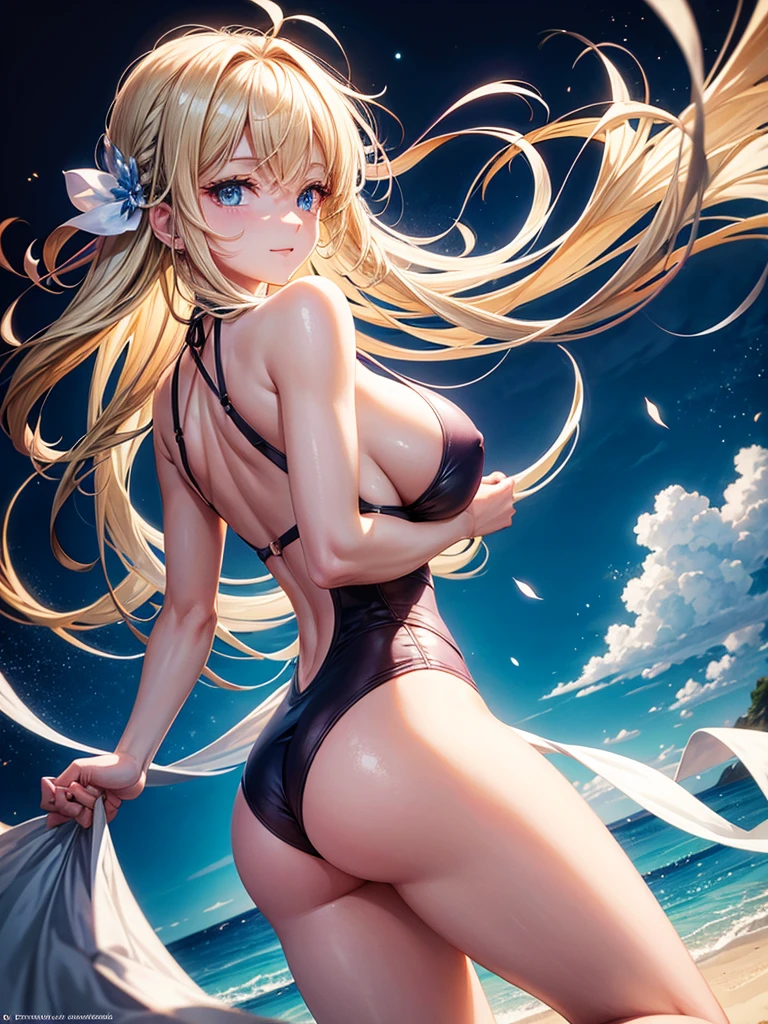 Anime style, super fine illustration, highly detailed, beautiful detailed, pale tone image, simple & static secy posing Portrait, static representation, gentle expression, 8k, angle from behind, pretty 1girl with blonde straight short hair & blue eyes & a bright smile & huge breasts & pink nipples & soft fair skin is wearing the swimsuit on the caribbean beach, brilliant particles of lights, romantic stories, solo, perfect 5fingers, perfect arms, perfect legs, masterpiece.