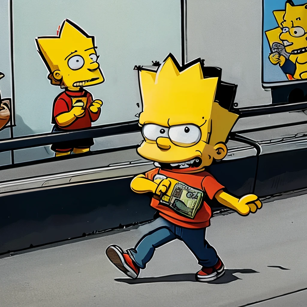 Bart Simpson in a cartoon style with cops chasing him trying to arrest him he is holding a bag of money he stole in his hands and a shotgun gun in the other in the background there are cops in cars and on foot chasing him